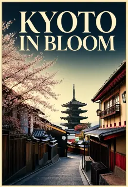 a vintage inspired travel poster for kyoto in spring the headline kyoto in bloom is at the top in an elegant