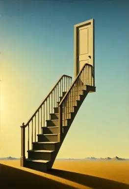 a surrealist painting of a melting staircase leading into the sky above a desert with a floating door lit