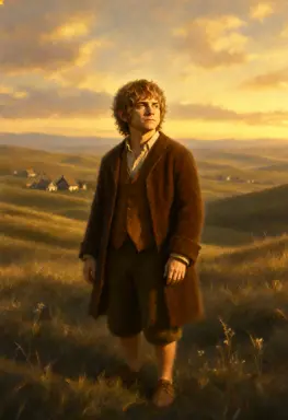 a naive painting of bilbo baggins lit by golden hour light from the front with hard shadows the subject is