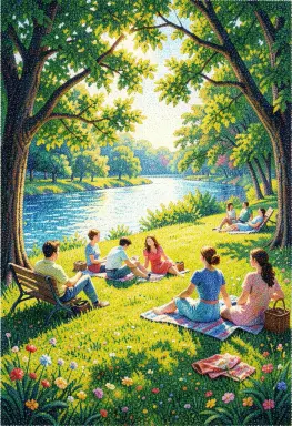 pointillist painting of people relaxing in a park by a river on a sunny afternoon