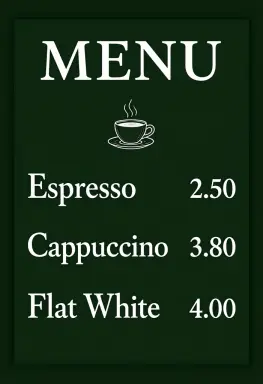a coffee shop menu board poster the heading menu at the top and below it three lines espresso 2 50 cappuccino