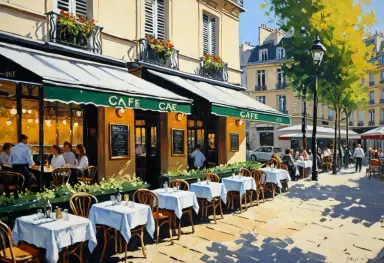 impressionist painting of a parisian cafe terrace on a sunny afternoon loose brushwork