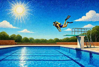 a mosaic illustration of a diver leaping from a diving board into a swimming pool full of blue sky and clouds