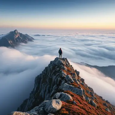 romantic painting of a wanderer standing on a rocky peak above a sea of fog award winning photography depth