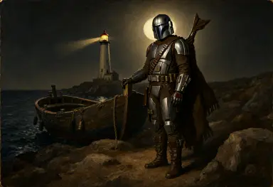a fauvist painting of the mandalorian delivering a lighthouse by ship the scene is lit from the back by