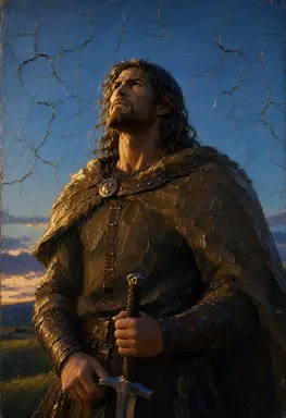 beowulf rendered as an impasto painting everything happens on the longest day lit by blue hour light from a