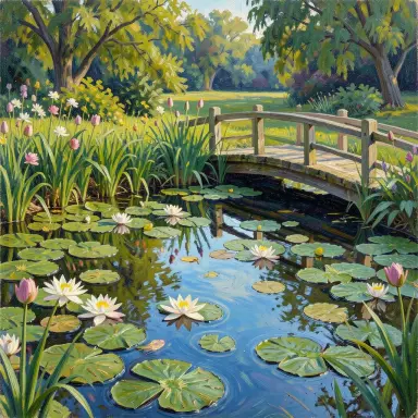 impressionist oil painting of a garden pond with water lilies and a wooden bridge visible brushstrokes