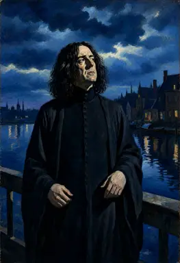 the image is a fauvist painting of snape at blue hour the scene takes place during a mackerel sky the scene