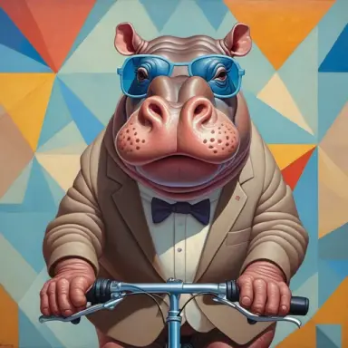 a Oil painting in a simplified cubist, surrealistic style A hippopotamus, depicted with geometric simplicity, rides a bicycle