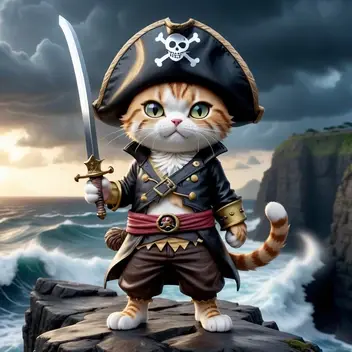 a cute cat pirate one piece outfit wearing a staw hat he is raising his saber and is standing on a cliff and is looking down on