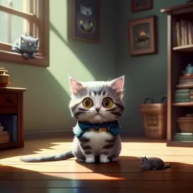 Cute small cat sitting in a sweet home, unreal engine, cozy indoor lighting, artstation, detailed, digital painting,cinematic,ch