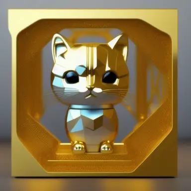 cute toy cat made of gold glass, geometric accurate, relief on skin, plastic relief surface of body, intricate details, cinemati