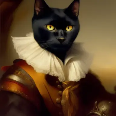 Bust portrait of a black cat in pirate costume, painting atmosphere by Rembrandt