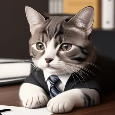 Photorealistic, ((a head cat animal in business man uniform)), office, table in room, 4k, 8K, HQ, HDR, high detail, study lights
