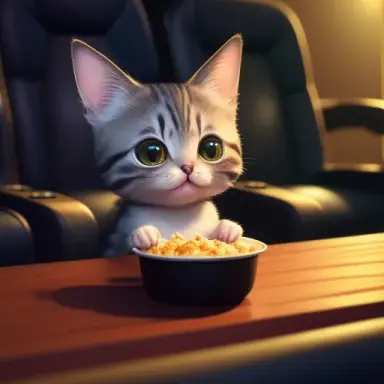 Cute small cat sitting in a movie theater eating chicken wiggs watching a movie ,unreal engine, cozy indoor lighting, artstation
