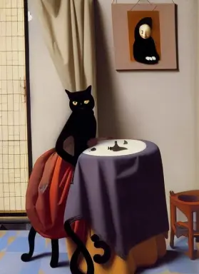 painting of a woman holding a black cat in her arms while standing in a kitchen area with a table and chairs, by Johannes Vermee