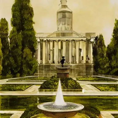 A man in a hat stands in front of a fountain