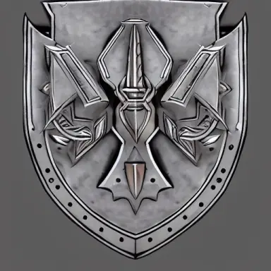 video game art, medieval grey metal shield, decorated with pointy engraved shapes, strictly symmetric, dragon quest style