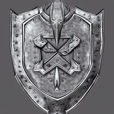 video game art, medieval grey metal shield, decorated with pointy engraved shapes, strictly symmetric, dragon quest style