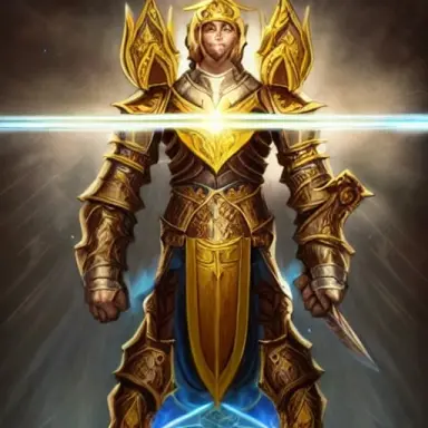 Paladin king wearing full plate armor and surrounded by ten floating swords holy light emanating from him and wings of golden li