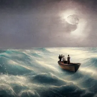 ocean, storm, heavy rain, night, moon, 4 afraid men in a tiny boat, man dressed in white walking on water towards that boat, rea