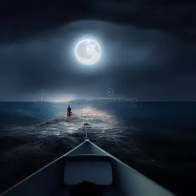 ocean, storm, heavy rain, night, moon, 4 afraid men in a tiny boat, man dressed in white walking on water towards that boat, rea