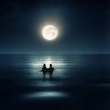 ocean, storm, heavy rain, night, moon, man dressed in white walking on water towards tiny boat with 4 afraid men in it, photor