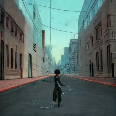 Ricky Montogue skipping down an empty street, (gross), (hyper real), Camille Souter