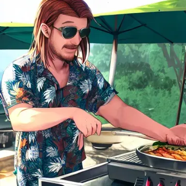 Boromir with shades in a hawaiian shirt grilling