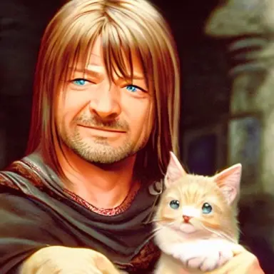 Boromir (Sean Bean) holding a small kitten, smiling, happy, warm, goatee, tiny kitten, big hands