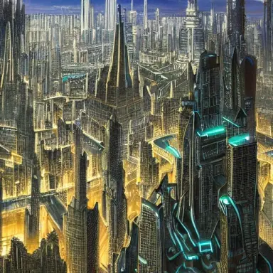 tron like cityscape with a tall central tower, Matthias Grünewald