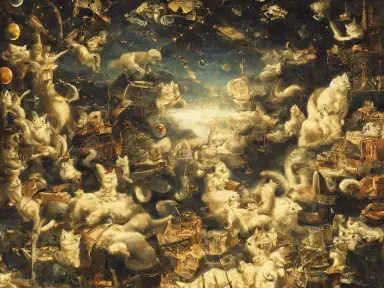magical cat in space oil painting, Bernardo Bellotto