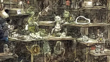 wizard cat in a laboratory making catnip