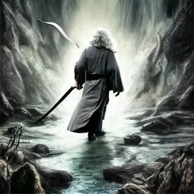 Gandalf from Lord of the Rings fight against Balrog, highly detailed lifelike photorealistic digital painting, cave