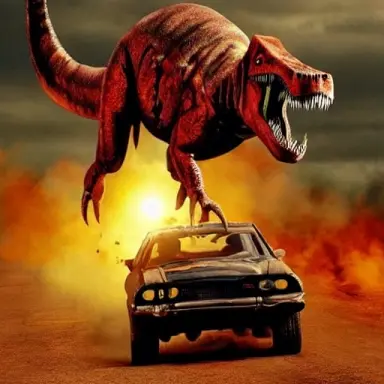 Mad Max (movie) fighting Dinosaur jurassic park