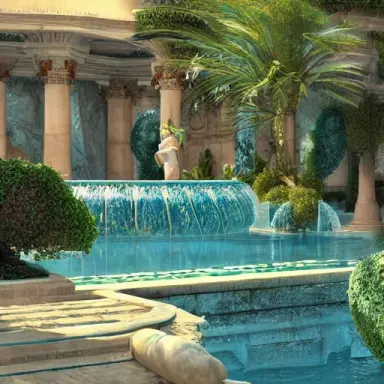 Ethereal gardens of marble built in a shining teal river in the desert, gorgeous ornate multi tiered fountain, Greek and Spanish