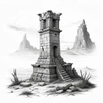 a line drawing tattoo of an ancient ruin with a tower at dawn on white plain background