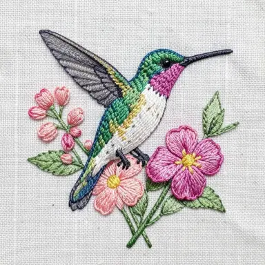 embroidery style illustration of a hummingbird and flowers visible stitches linen background