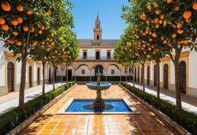 photograph of a sunny courtyard in seville with orange trees azulejo tiles and a fountain professional