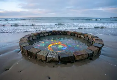 a stone circle at high tide stained glass