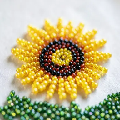beaded art of a sunflower tiny glass beads catching the light macro