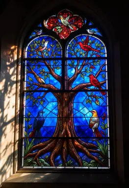 stained glass window of a tree of life with birds deep blues and reds sunlight shining through