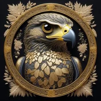 inspired by Banksy, icon and emblem, EMBROIDERED IN GOLD THREAD, A FALCON. perfect maximalist composition, maximalist fashion a