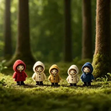 a felt and wool stop motion still of a forest clearing where tiny mushrooms wear raincoats on a perfectly