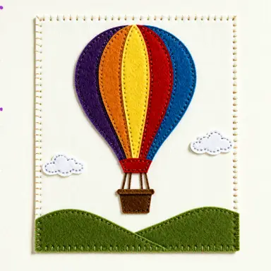 a felt appliqu picture of a hot air balloon over hills on a fabric background lit evenly from above top down