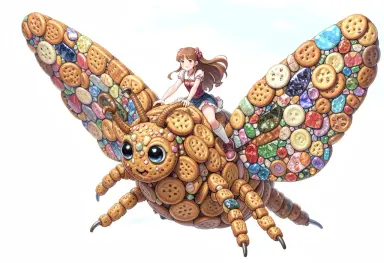 a girl riding a giant moth built from biscuits mosaic