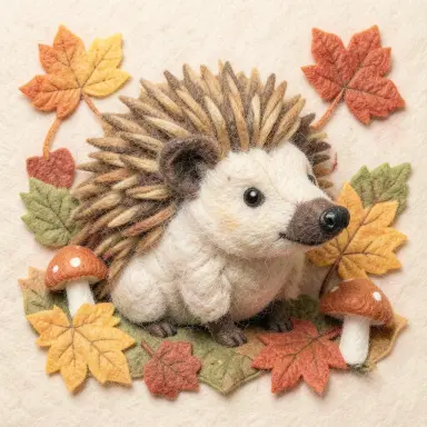 felt craft illustration of a hedgehog among autumn leaves and mushrooms soft wool texture