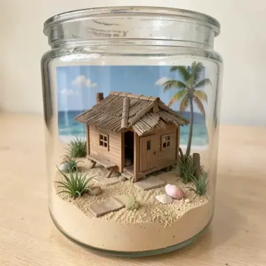 diorama of a beach hut in a glass jar