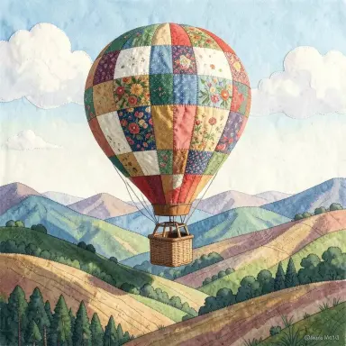 a hot air balloon made of patchwork quilt fabrics floating over hills textile art style