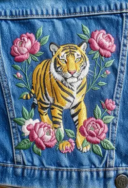 embroidered denim jacket back with a tiger and peonies dense satin stitches macro